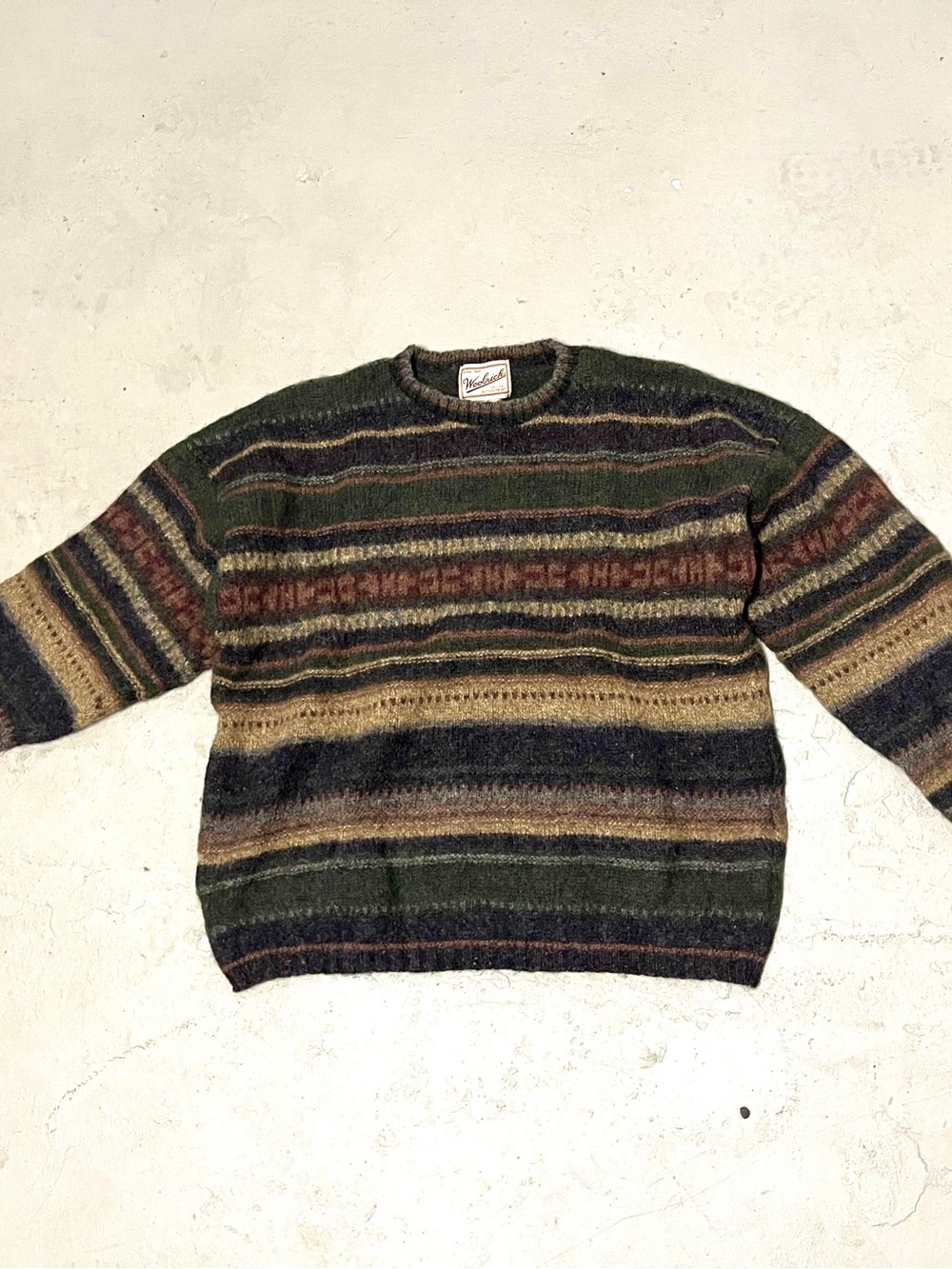 Woolrich Men's Crewneck Sweater in Forest Green, Brown & Navy Stripes